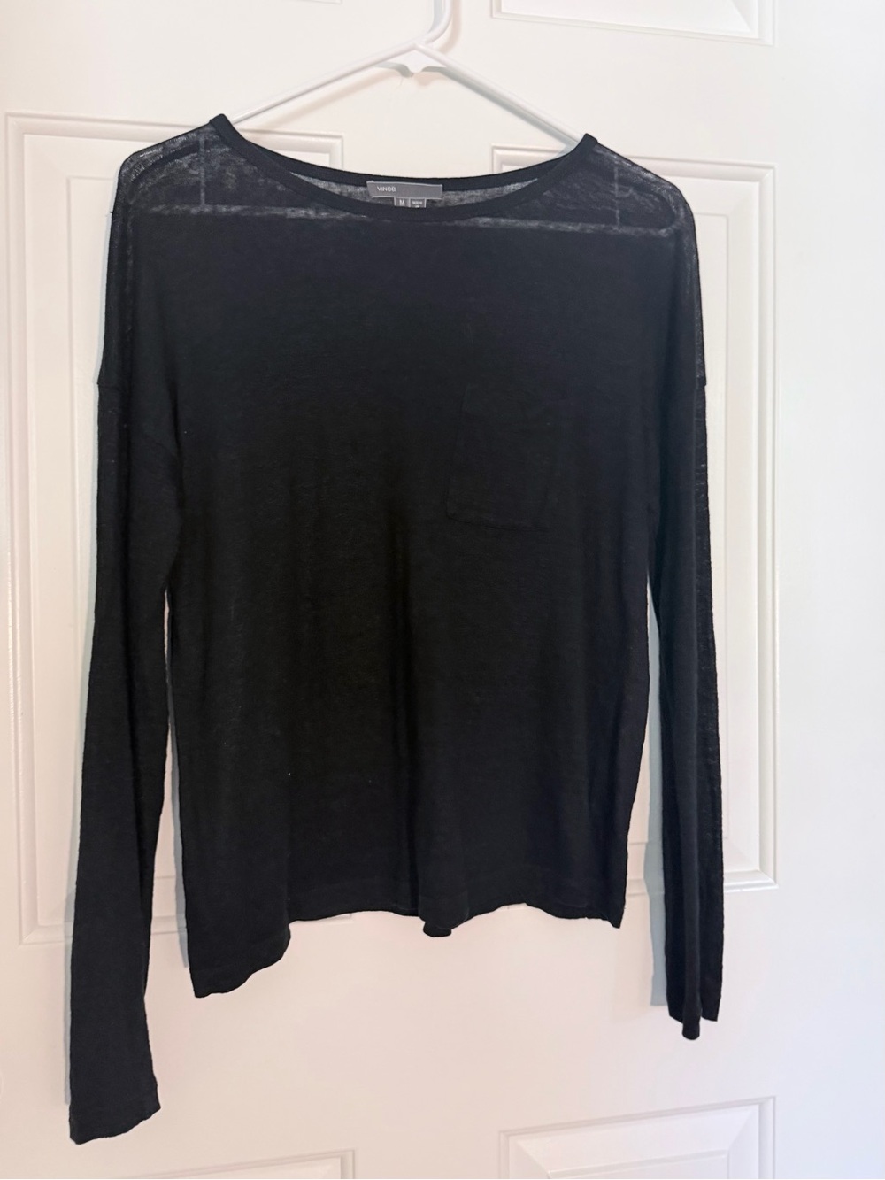Vince 100% Linen Long Sleeve Pocket Tee, Black, Medium